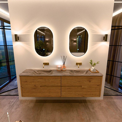 Mondiaz CIRO-DLUX Badkamermeubelset - 180x45x50cm - Solid surface wastafel Sombra - 2 wasbak Dubbel - zonder kraangaten - 4 lades - Oak