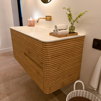 Mondiaz CIRO-DLUX Badkamermeubelset - 110x45x50cm - Solid surface wastafel Opalo - 1 wasbak Links - zonder kraangaten - 2 lades - Oak