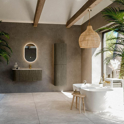 MONDIAZ KURVE-DLUX Meuble de salle de bains 105cm arrondi à gauche couleur Shadow avec 1 tiroir et 1 porte. Lavabo BIG SMALL à droite 1 trou de robinet Nata.