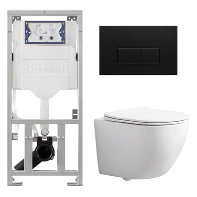QeramiQ Dely Swirl Compact Toiletset - inbouwreservoir Geberit UP320 - met Burda frame - slim zitting - kunststof bedieningsplaat mat zwart - rechthoekige knoppen - glans wit