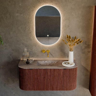 MONDIAZ KURVE-DLUX Meuble de salle de bains 100 cm arrondi Gauche + Droite couleur Ruby avec 1 tiroir et 2 portes. Lavabo GRUNNE Central sans trou de robinet Oza.