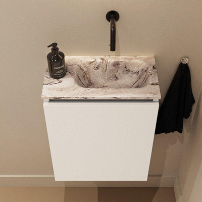 MONDIAZ TURE-DLUX Meuble de toilette 40 cm Talc. EDEN lavabo Glace position à droite. Sans trou de robinet.