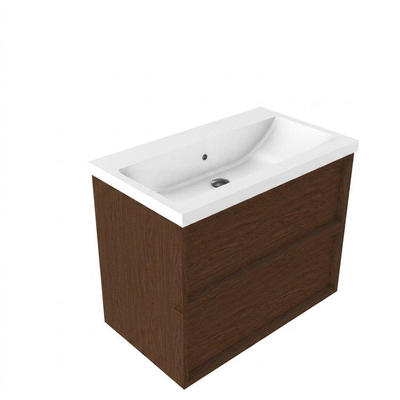 Saniclass Holz Frame Ensemble meuble de salle de bains - 80x45x63.5cm - lavabo Bari en céramique blanc - 1 vasque - sans trou de robinet - 2 tiroirs - walnut pure mat (bois)