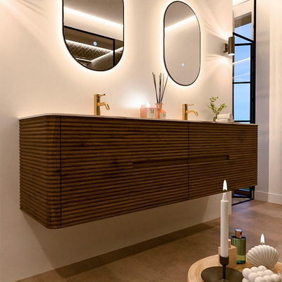 Mondiaz CIRO-DLUX Badkamermeubelset - 180x45x50cm - Solid surface wastafel Nata - 2 wasbak Dubbel - 2 kraangaten - 4 lades - Dusk