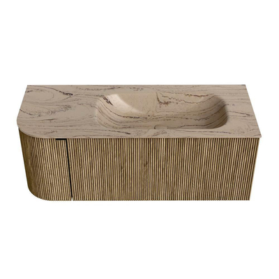 MONDIAZ KURVE-DLUX Meuble de salle de bains 115 cm arrondi à gauche couleur Dusk avec 1 tiroir et 1 porte. Lavabo BIG SMALL à droite sans trou de robinet Arena.