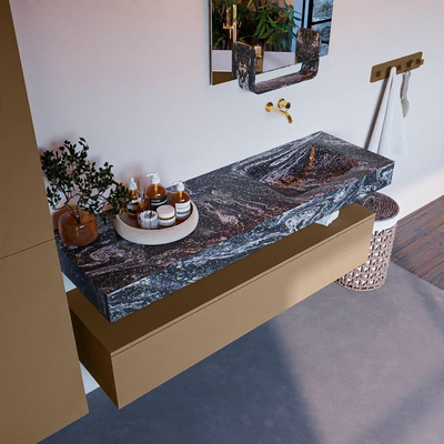 Mondiaz ALAN-DLUX Ensemble de meuble - 150cm - meuble Oro mat - 1 tiroir - Lavabo Cloud Lava suspendu - vasque Droite - 0 trous de robinet