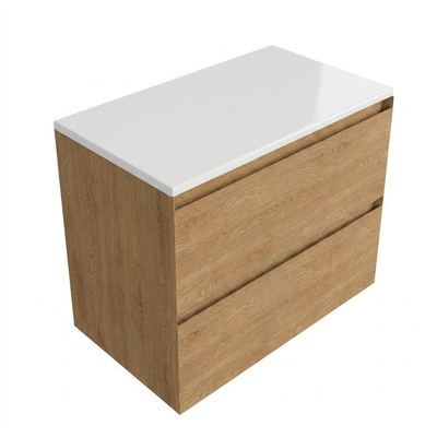 Saniclass Holz Pure Ensemble meuble de salle de bains - 80x45x62.5cm - Plan de travail Torino en solid surface blanc - sans trou de robinetterie - 2 tiroirs - chêne natural mat (bois)