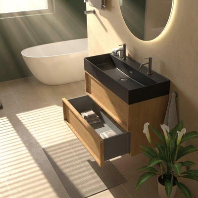 Saniclass Holz Frame Ensemble meuble de salle de bains - 100x45x72cm - lavabo Legend en céramique noir mat - 1 vasque - 2 trous de robinetterie - 2 tiroirs - chêne natural mat (bois)