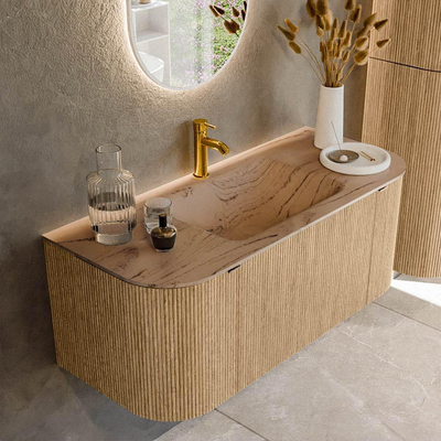 MONDIAZ KURVE-DLUX Meuble de salle de bains 110cm arrondi Gauche + Droite couleur Chêne avec 1 tiroir et 2 portes. Lavabo CLOUD Central 1 trou de robinet Arena.