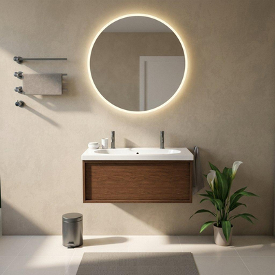 Saniclass Holz Frame Ensemble de meubles de salle de bains - 100x45x43.5cm - lavabo en céramique Palermo blanc - 1 vasque - 2 trous de robinet - 1 tiroir - walnut pure mat (bois)