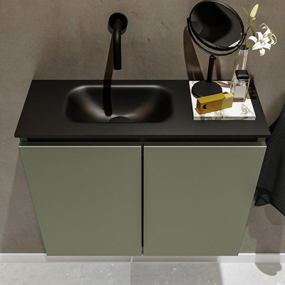 MONDIAZ TURE Toiletmeubel 60x23x50cm met 0 kraangaten 2 deuren army mat Wastafel Eden links Solid Surface Zwart
