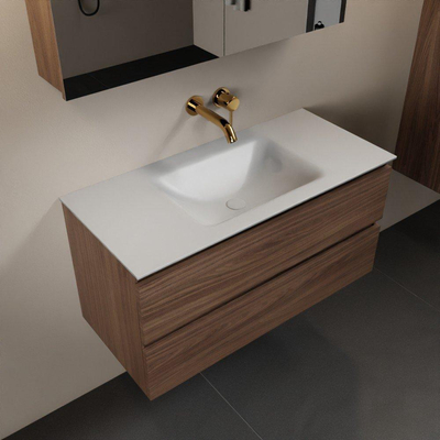 Mondiaz Aivy badmeubelset - 100x45x50cm - 0 kraangaten - 1 wasbak talc Solid surface - Midden - 2 lades - Met spiegelkast - Melamine Mocha