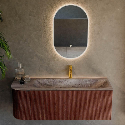 MONDIAZ KURVE-DLUX meuble de salle de bains 125 cm arrondi à gauche couleur Ruby avec 1 tiroir et 1 porte. Lavabo BIG MEDIUM à droite 1 trou de robinet Oza.