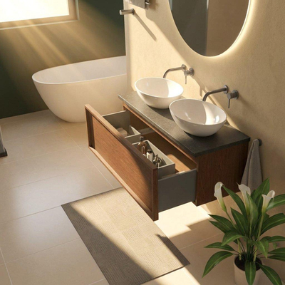Saniclass Holz Frame Ensemble meuble de salle de bains - 120x45x43cm - lavabo en basalte Noche poli - 1 vasque - sans trou de robinetterie - 1 tiroir - noyer pure mat (bois)