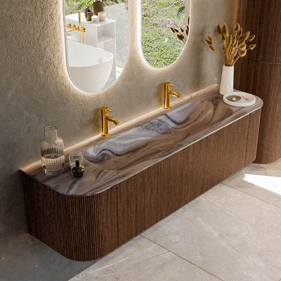 MONDIAZ KURVE-DLUX 170cm badmeubel ronding Links + Rechts kleur Walnut met 1 lade en 2 deuren. Wastafel BIG LARGE Midden 2 kraangaten Sombra.