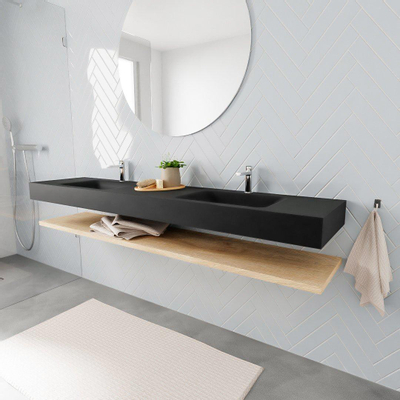 MONDIAZ ALAN 200cm - Ensemble meuble de salle de bains - tablette - chêne blanchi - lavabo suspendu - 2 vasques - 2 trous de robinet - urban