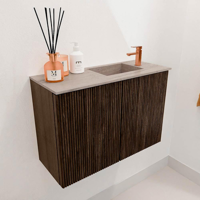 Mondiaz JOYA-DLUX 60cm toiletmeubel - kleur Walnut - Wastafel FAYE positie Rechts 1 kraangat kleur Saba.