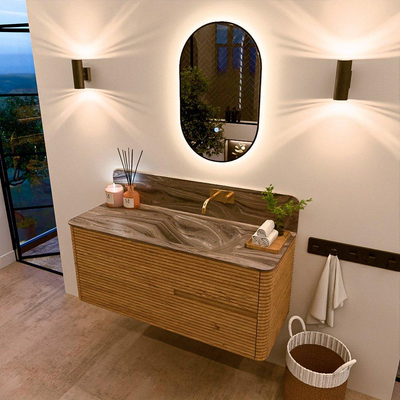 Mondiaz CIRO-DLUX Meuble de salle de bains - 120x45x50cm - Plan vasque solid surface Sombra - 1 bassin à droite - sans trous de robinetterie - 2 tiroirs - Chêne