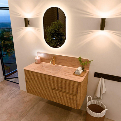 Mondiaz CIRO-DLUX Meuble de salle de bains - 110x45x50cm - Plan-vasque Solid surface Saba - 1 vasque à gauche - 1 trou de robinet - 2 tiroirs - Chêne