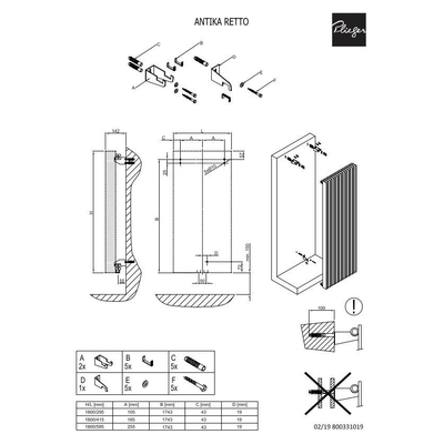 Plieger Antika Retto radiateur design vertical raccordement central 1800x295mm 994W argent métallique