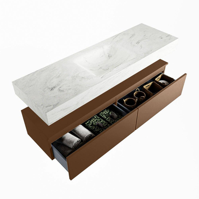 Mondiaz ALAN-DLUX Ensemble de meuble - 150cm - meuble Rust mat - 2 tiroirs - Lavabo Cloud Opalo suspendu - vasque Centre - 1 trou de robinet