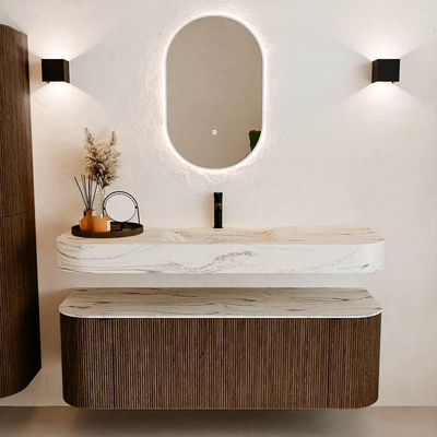 MONDIAZ THOR-DLUX 140cm badmeubel ronding links + rechts kleur Walnut met 1 lade en 2 deuren. Vrijhangende wastafel CLOUD Midden 1 kraangat kleur Nata.