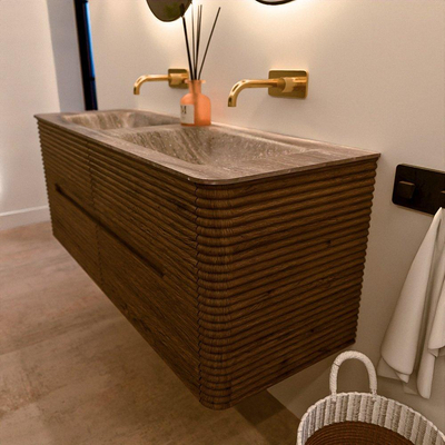 Mondiaz CIRO-DLUX Badkamermeubelset - 130x45x50cm - Solid surface wastafel Oza - 2 wasbak Dubbel - zonder kraangaten - 4 lades - Dusk