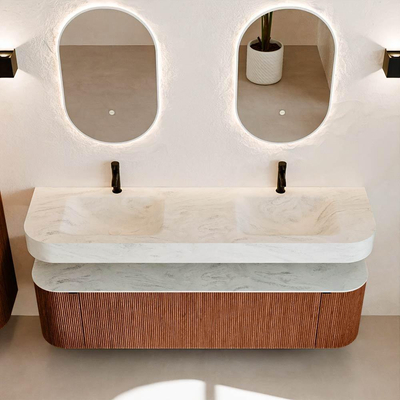 MONDIAZ THOR-DLUX 170cm meuble de salle de bains arrondi gauche + droite couleur Ruby avec 1 tiroir et 2 portes. Vasque suspendue CLOUD Double 2 trous de robinet couleur Opalo.