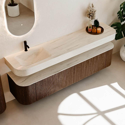 MONDIAZ THOR-DLUX Meuble de salle de bains - 200cm - arrondi gauche + droite - couleur Walnut - 2 tiroirs et 2 portes - Vasque suspendue CLOUD Gauche 1 trou de robinet couleur Meli