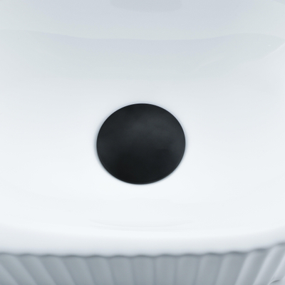 QeramiQ Fuente Ensemble de Lavabo - 40x21.5x12cm - strié - demi-rond - céramique - ensemble de robinet noir mat - bouchon de vidange - siphon abaissé - blanc brillant