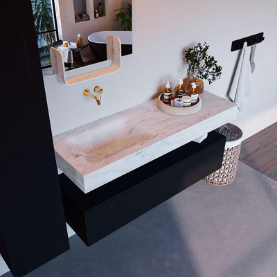 Mondiaz ALAN-DLUX Ensemble de meuble - 130cm - meuble Urban mat - 1 tiroir - Lavabo Cloud Opalo suspendu - vasque Gauche - 0 trous de robinet