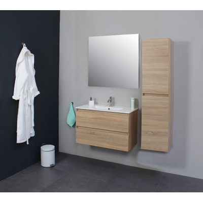 Basic Line Bella Ensemble meuble de salle de bains - 80x55x46cm - 1 lavabo - Céramique - Blanc - 1 trou de robinet - Sans miroir - MDF chêne