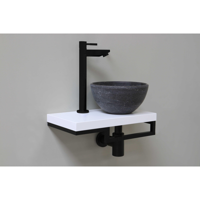 Proline Pack lave-mains 40x23cm avec vasque céramique pierre de taille droite, plan blanc et robinet, siphon et bonde Noir mat