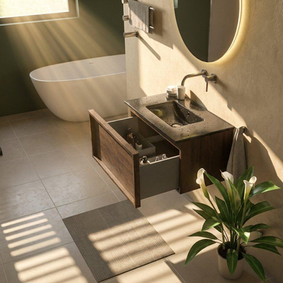 Saniclass Holz Frame Ensemble de meuble de salle de bains - 80x45x42cm - lavabo Vygo en céramique noir - 1 vasque - sans trou de robinet - 1 tiroir - chêne charcoal mat (bois)