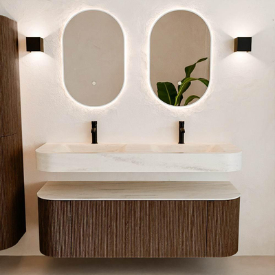 MONDIAZ THOR-DLUX 140cm meuble de salle de bains arrondi gauche + droite couleur Walnut avec 1 tiroir et 2 portes. Vasque suspendue CLOUD Double 2 trous de robinet couleur Meli.