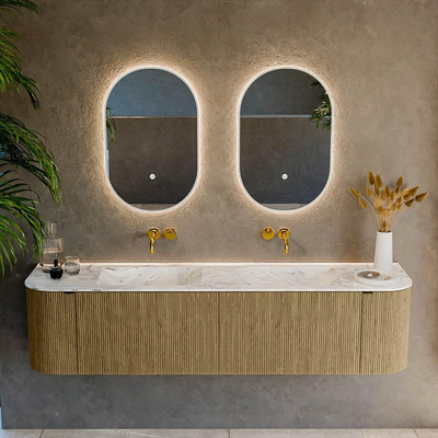 Mondiaz KURVE-DLUX Ensemble de meuble de salle de bains - 180x46x40cm - 2 tiroirs - 2 portes - vasque solid surface - double - sans trou de robinet - Dusk