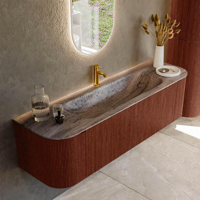 MONDIAZ KURVE-DLUX 160cm badmeubel ronding Links + Rechts kleur Ruby met 1 lade en 2 deuren. Wastafel BIG MEDIUM Midden 1 kraangat Oza.