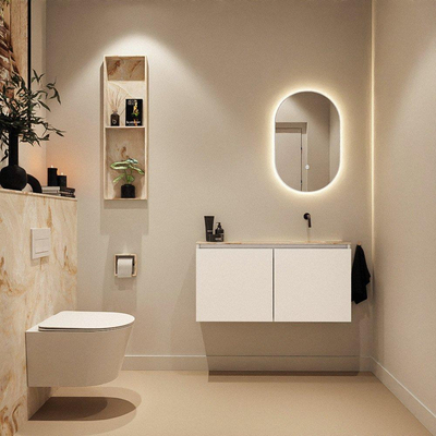 MONDIAZ TURE-DLUX Meuble toilette - 100cm - Talc - EDEN - vasque Frappe - position droite - sans trou de robinet
