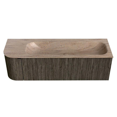 MONDIAZ KURVE-DLUX Meuble de salle de bains 145cm arrondi à gauche couleur Shadow avec 1 tiroir et 1 porte. Lavabo BIG LARGE à droite sans trou de robinet Saba.