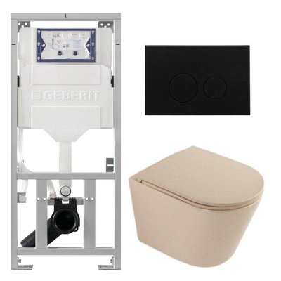 QeramiQ Dely Pack WC - 36,3x51,7cm - à fond creux - sans bride - réservoir encastré Geberit UP320 - abattant WC à fermeture douce - plaque de commande en plastique noir mat - boutons ronds - beige mat