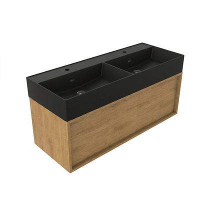 Saniclass Holz Frame Badkamermeubelset - 120x45x52cm - Legend keramische wastafel mat zwart - 2 wasbakken - 2 kraangaten - 1 lade - mat eiken natural (hout)