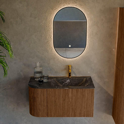 MONDIAZ KURVE-DLUX 85cm Meuble salle de bain avec module 25 G - couleur Walnut - 1 tiroir - 1 porte - vasque CLOUD droite - 1 trou de robinet - couleur Lava