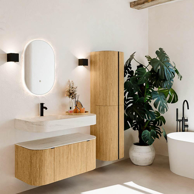 MONDIAZ THOR-DLUX Meuble de salle de bains - 100cm - arrondi gauche + droite - couleur Oak - 1 tiroir - 2 portes - Vasque suspendue CLOUD Gauche 1 trou de robinet - couleur Meli