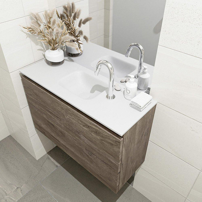 MONDIAZ OLAN Toiletmeubel 80x30x40cm met 1 kraangaten 1 lades dark brown mat Wastafel Lex midden Solid Surface Wit
