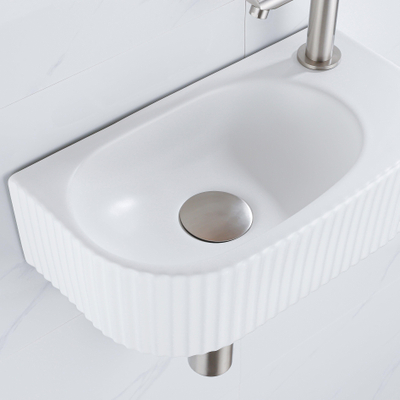 QeramiQ Fuente Ensemble de Lavabo - 40x21.5x12cm - droit - strié - demi-rond - 1 trou de robinet - céramique - ensemble de robinet en acier inoxydable brossé - bouchon de vidange - siphon abaissé - blanc mat