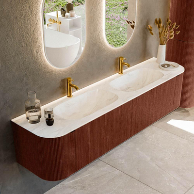 Mondiaz KURVE-DLUX Badkamermeubelset - 190x46x40cm - 2 lade - 2 deuren - wastafel solid surface - dubbel - 2 kraangaten - Ruby