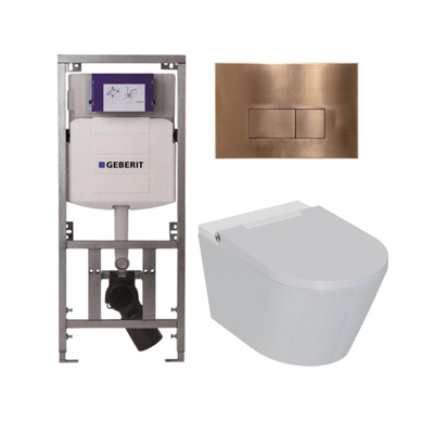 QeramiQ Luma Douche WC Set - Geberit UP320 inbouwreservoir - met Burda frame - fohn - ladydouche - koperen bedieningsplaat - rechthoekige knoppen - glans wit