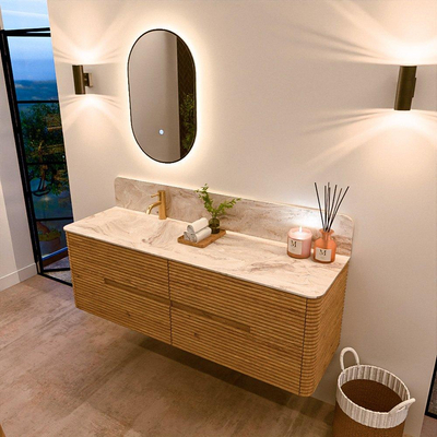 Mondiaz CIRO-DLUX Ensemble de meubles de salle de bains - 150x45x50cm - Vasque solid surface Frappe - 1 lavabo à gauche - 1 trou de robinet - 4 tiroirs - Chêne