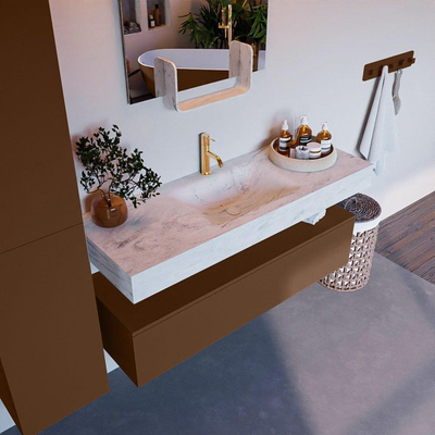 Mondiaz ALAN-DLUX Ensemble de meuble - 130cm - meuble Rust mat - 1 tiroir - Lavabo Cloud Opalo suspendu - vasque Centre - 1 trou de robinet