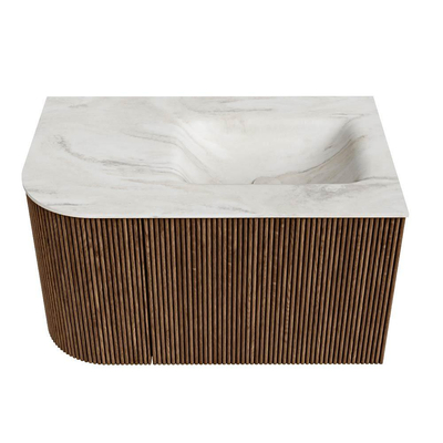 MONDIAZ KURVE-DLUX 75cm Meuble salle de bain avec module 25 G - couleur Walnut - 1 tiroir - 1 porte - vasque GRUNNE droite - sans trou de robinet - couleur Ostra